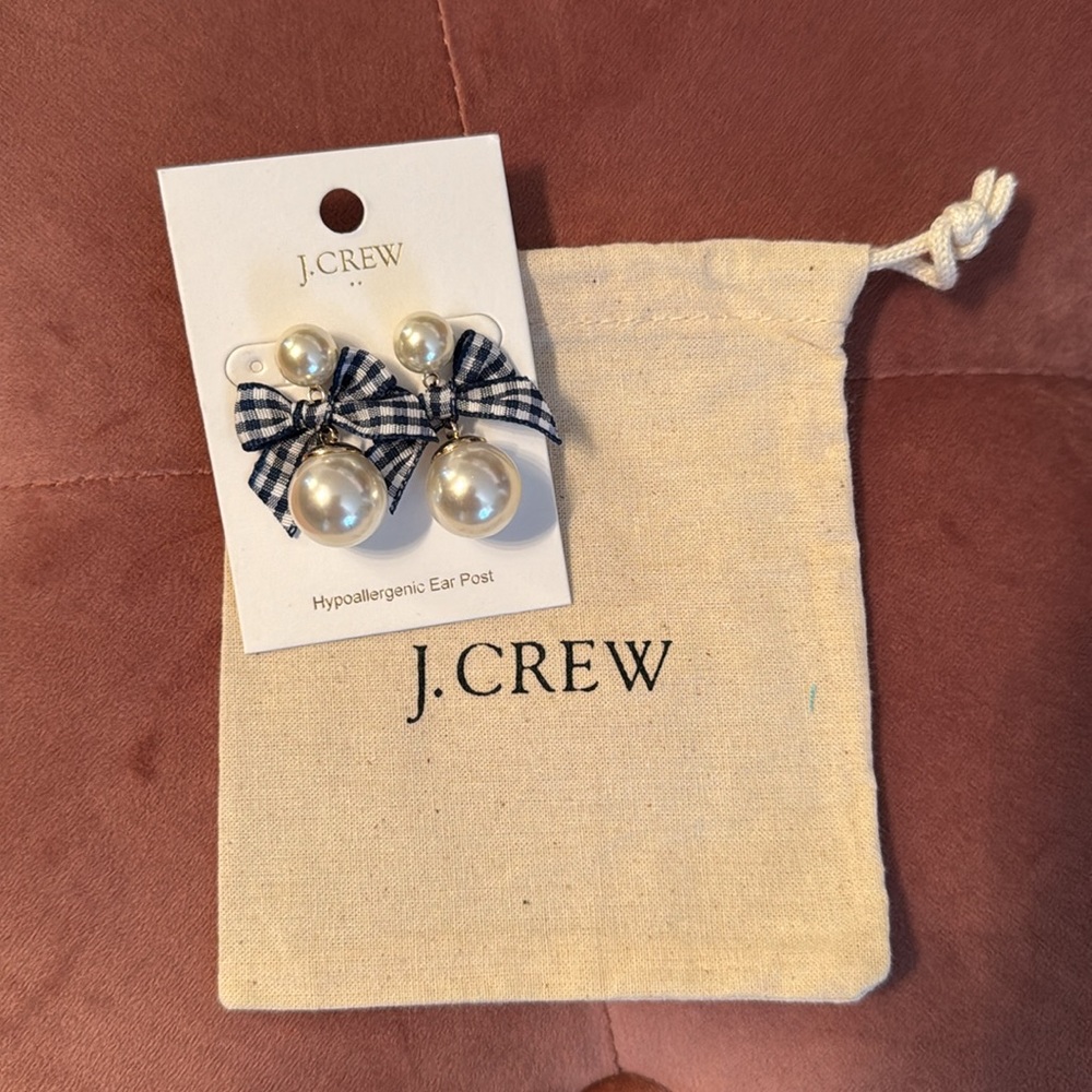 J.Crew Pearl and Gingham Bow Earrings